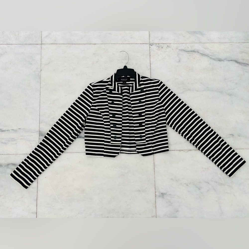 POETRY Blazer Black White Stripe Knit Button Open Women’s M Office Casual Preppy